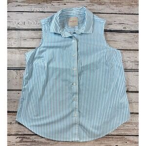 CASA CABANA Blue White Button‎ Down Shirt Size L Women Sleeveless Preppy Coastal